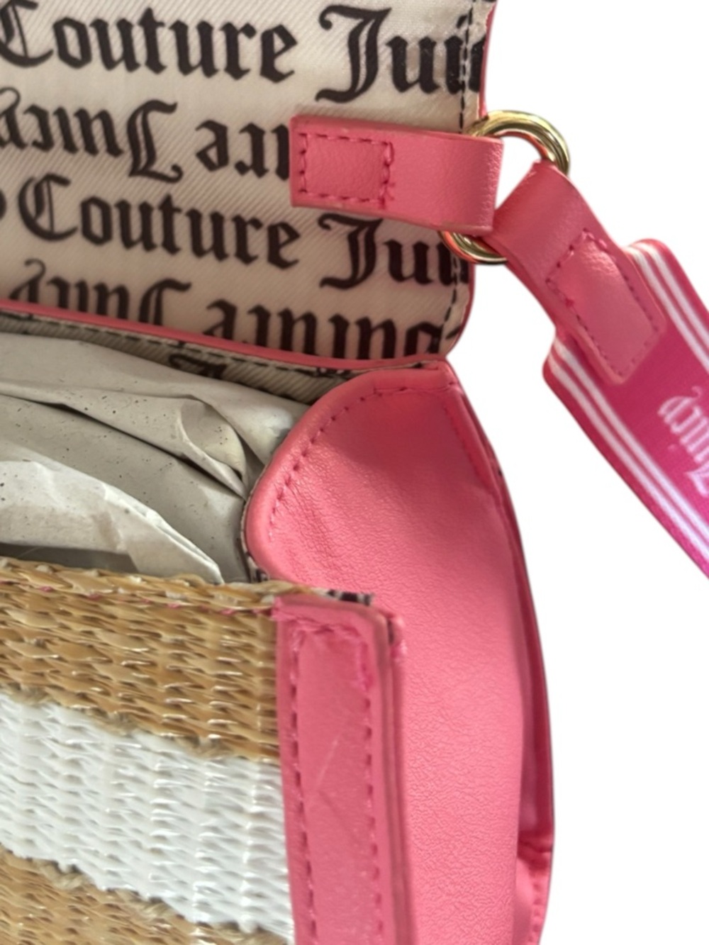Juicy Couture Straw & Pink Crossbody Bag/Purse Adjustable Logo Strap Summer Chic - Picture 11 of 13